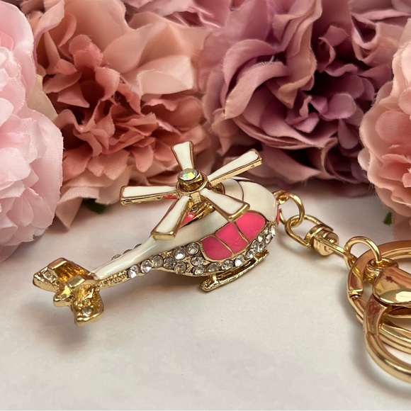 Whimsical Pink and White Crystal Helicopter Keychain Charm - Picture 6 of 16